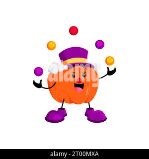 Le personnage de citrouille d'Halloween de dessin animé arbore un costume de clown coloré tout en jonglant habilement avec des balles, ajoutant un charme ludique aux festivités effrayantes. Vecteur isolé joyeuse funnyman gourd personage Illustration de Vecteur