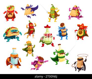 Personnages de super-héros de nourriture tex mex de dessin animé. Vector fast-food personnage de la cuisine mexicaine avec des costumes de super héros, capes. Mignon Taco, burrito, nacho et churro, Chili, avocat, tequila et quesadilla Illustration de Vecteur