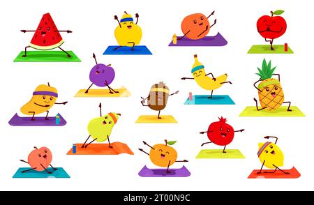 Personnages de fruits de dessin animé sur le yoga, personnages de vecteur de nourriture de ferme faisant des exercices de fitness et de pilates sport. Mignon banane, pomme, citron, ananas et pastèque, orange et mangue effectuant des poses de yoga Illustration de Vecteur