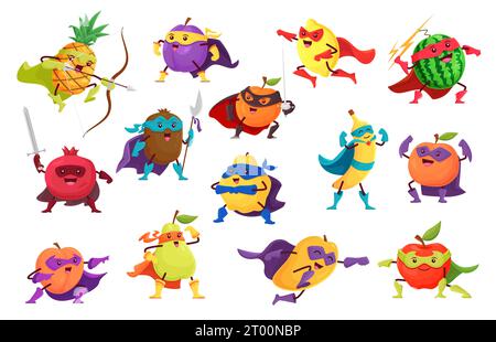 Personnages de super-héros et défenseurs de fruits de dessin animé. Vecteurs Farm Berry Food Super héros personnages en costumes et capes. Super héros drôles de banane, citron, pomme et pêche, prune, pastèque et ananas Illustration de Vecteur