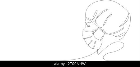 Un dessin au trait continu d'un travailleur médical portant un masque facial et une casquette. Avatar portrait chirurgien ou infirmier dessiné par une seule ligne. Concept de coronavirus Illustration de Vecteur
