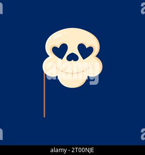 Masque de crâne de cabine de photo de dessin animé Halloween avec des accessoires. Visage de crâne de vecteur isolé avec des yeux en forme de coeur et des trous de nez, bouche souriante et support. Accessoire ludique pour des photos effrayantes et des fêtes amusantes Illustration de Vecteur