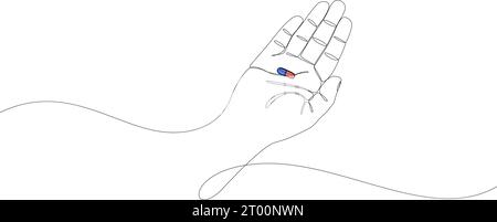Dessin continu à une seule ligne de la main tenant la pilule ou la capsule, médecine. Tablette à main, style dessin à une ligne. Illustration vectorielle sur backgr blanc Illustration de Vecteur