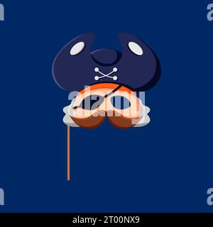 Masque de cabine de photo de pirate de dessin animé Halloween avec des accessoires. Déguisement corsaire fantaisiste vectoriel isolé avec cache-œil, chapeau tricorne, moustaches et un style ludique et nautique, pour les instantanés de flambage Illustration de Vecteur