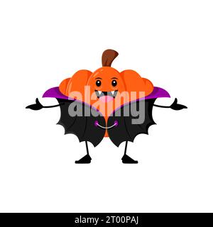 Personnage de vampire citrouille de dessin animé Halloween. Le personnage de la gourde vectorielle mignonne isolée Dracula avec des crocs étincelants, porte une cape de dapper et un sourire malicieux prêt pour l'horreur nocturne sucer le chaos Illustration de Vecteur