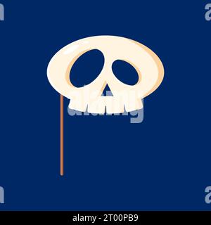 Masque de crâne de cabine de photo de dessin animé Halloween avec des accessoires. Visage isolé de crâne de vecteur avec les yeux et les trous de nez, les dents et le bâton de support. Accessoire ludique pour des clichés effrayants et des fêtes masquées Illustration de Vecteur