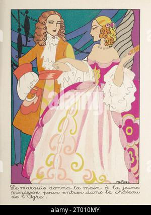 Le marquis de Carabas donnant la main à la jeune princesse. Illustration publiée dans le livre 'le chat botté' de Marie-Louise Pinel, publié par Bourgeois Ainé en 1890. Banque D'Images