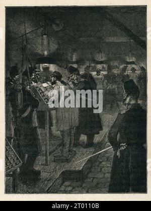 Première partie (premier jour), chapitre III Les ouvriers de l'imprimerie nationale (imprimerie nationale). Illustrateur : Daniel Vierge. Illustration tirée de 'Histoire d'un crime' ('l'Histoire d'un crime', écrite en 1852) et partie d'un ensemble de gravures publiées dans les 'oeuvress' de Victor Hugo. Ouvrage publié en français par Eugène Hugues en 1879. Banque D'Images