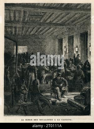 Première partie (premier jour), chapitre XIV Le dîner des royalistes. Illustrateur : Emile Bayard. Illustration tirée de 'Histoire d'un crime' ('l'Histoire d'un crime', écrite en 1852) et partie d'un ensemble de gravures publiées dans les 'oeuvress' de Victor Hugo. Ouvrage publié en français par Eugène Hugues en 1879. Banque D'Images