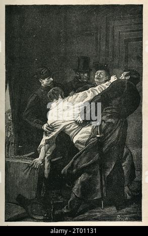 Première partie (premier jour), chapitre III Enlèvement du questeur Baze. Illustrateur : G. Brion. Illustration tirée de 'Histoire d'un crime' ('l'Histoire d'un crime', écrite en 1852) et partie d'un ensemble de gravures publiées dans les 'oeuvress' de Victor Hugo. Ouvrage publié en français par Eugène Hugues en 1879. Banque D'Images