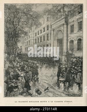 Première partie (premier jour), chapitre XII La caserne d'Orsay. Illustrateur : Daniel Vierge. Graveur : Quesnel. Illustration tirée de 'Histoire d'un crime' ('l'Histoire d'un crime', écrite en 1852) et partie d'un ensemble de gravures publiées dans les 'oeuvress' de Victor Hugo. Ouvrage publié en français par Eugène Hugues en 1879. Banque D'Images