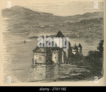 Lettre XXXIX : Vevey - Chillon - Lausanne. Illustrateur : Jules Adeline. Graveur : Fortuné-Méaulle. Illustration tirée de 'le Rhin' (écrite en 1842) et partie d'un ensemble de gravures publiées dans le volume XV des 'oeuvres complètes' de Victor Hugo. Ouvrage édité par la Société anonyme de publications périodiques P. Mouillot. Aucune date. Banque D'Images