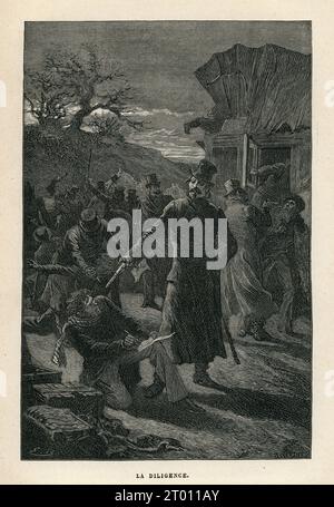 Livre VI, chapitre II La diligence. Illustrateur : Emile Bayard. Graveur : Albert Bellenger. Illustration de Napoléon le petit (écrite en 1852) et partie d'un ensemble de gravures publiées dans les oeuvres de Victor Hugo. Suivi par 'le dernier jour d'un condamné' et 'Claude Gueux'. Ouvrage publié en français par Eugène Hugues en 1879. Banque D'Images