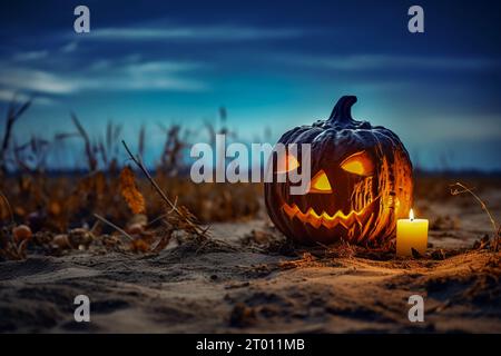 Lanterne citrouille Halloween avec des feuilles sèches sur fond noir Banque D'Images