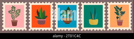 Ensemble de timbres de poste dessinés à la main avec des plantes d'intérieur. Illustration de Vecteur
