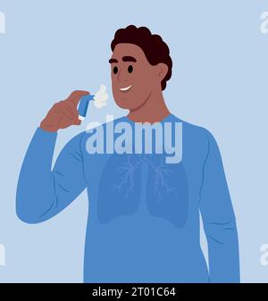 Journée mondiale de l'asthme. Jeune homme souriant utilisant un inhalateur d'asthme allergie, asthmatique. Médicament inhalé. Asthme bronchique. Illustration de Vecteur