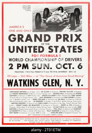 Grand Prix des États-Unis (1963). Affiche de course automobile, Watkins Glen, New York. Pour la Formule 1 - Jim Clark, Écosse, Lotus Factory Banque D'Images