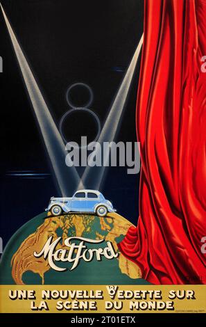 Vintage Classic car Advertising Poster Matford V8 Art Deco Stage Design - Matford V8 une Nouvelle vedette sur la scène du monde - 1930s Banque D'Images