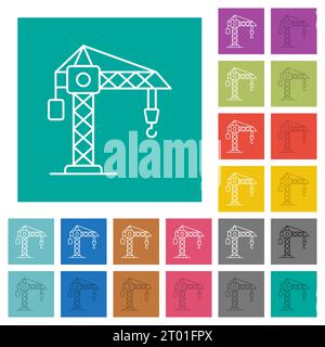 Icônes plates multicolores de grue de construction sur des fonds carrés Unis. Inclus des variations d'icônes blanches et plus foncées pour les effets de survol ou actifs. Illustration de Vecteur