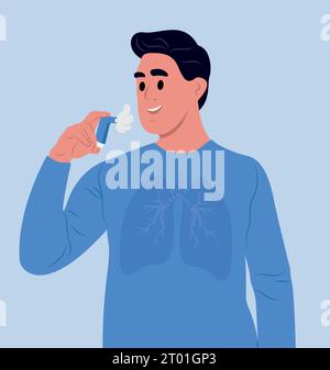 Jeune homme souriant utilisant un inhalateur d'asthme. Journée mondiale de l'asthme. Allergie, asthmatique. Médicament inhalé. Asthme bronchique. Illustration de Vecteur