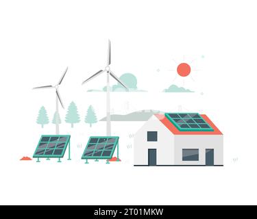 Énergie renouvelable à partir de panneaux solaires et d’éoliennes. Illustration vectorielle de style plat pour le concept de durabilité et de pratiques respectueuses de l'environnement Illustration de Vecteur