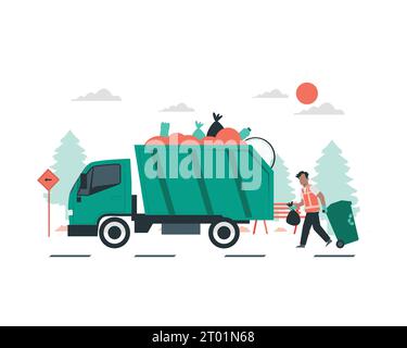 Camion et homme avec sac plein de déchets et un homme ramasser les déchets. Illustration vectorielle de conception de style plat pour les pratiques de développement durable conceptuelle Illustration de Vecteur