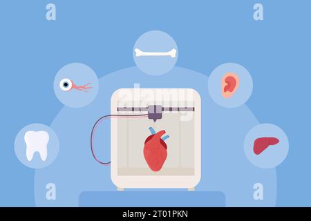 Set impression 3D, bio-impression, organes artificiels, prothèses, synthétique. Foie, bras, oreille, œil, os, cœur. Illustration vectorielle Illustration de Vecteur