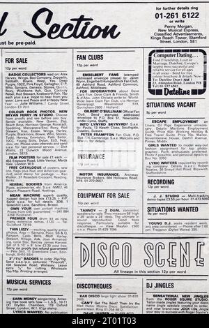 Petites annonces dans le numéro des années 1970 de NME New musical Express Music Paper - Fan Clubs Banque D'Images