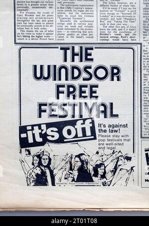 Publicité pour le Windsor Free Festival dans le numéro des années 1970 de NME New musical Express Music Paper Banque D'Images