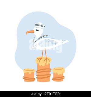 Mignonne mouette de mer dans une casquette et un col de Sailor blanc. Personnage de dessin animé pour enfants. Aventures et voyages, marine. Illustration vectorielle dans le style plat. Pour bras Illustration de Vecteur