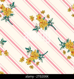 Un motif sans couture à carreaux roses avec fleur et feuilles motif floral sur bande diagonale rose Banque D'Images