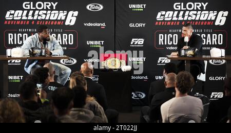 HILVERSUM - Kickboxer Rico Verhoeven avec Tariq 'cookie' Osaro lors d'une conférence de presse avant l'événement collision 6 de gloire dans lequel Verhoeven fait son retour sur le ring. Verhoeven défend son titre mondial contre Osaro. ANP FREEK VAN DEN BERGH netherlands Out - belgique Out Banque D'Images