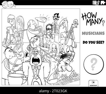 Illustration en noir et blanc de l'activité éducative de comptage avec la page de coloriage de groupe de personnages de dessins animés de musiciens Illustration de Vecteur