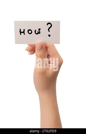 Comment le texte sur une carte dans une main de femme isolé sur un fond blanc. Banque D'Images