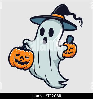 Mignon Halloween Ghost avec Pumkin Illustration de Vecteur