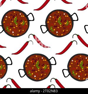 Motif sans fin de Chili con carne et piment rouge chaud. Cuisine traditionnelle mexicaine épicée. Isoler. Vecteur. EPS. Conception pour l'emballage, affiche, bannière, voeux, carte, prix, étiquette, papier peint ou web Illustration de Vecteur
