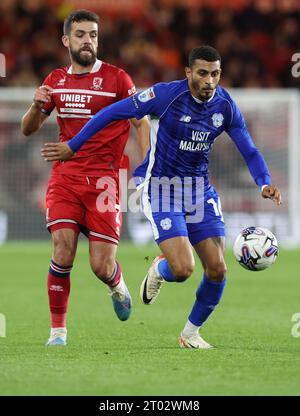 Tommy Smith de Middlesbrough en action avec Karlan Grant de Cardiff City lors du Sky Bet Championship Match Middlesbrough vs Cardiff City au Riverside Stadium, Middlesbrough, Royaume-Uni, le 3 octobre 2023 (photo de Nigel Roddis/News Images) Banque D'Images