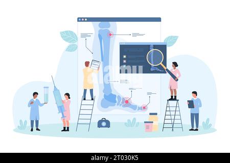 Diagnostic des maladies orthopédiques, illustration vectorielle radiologique. Les gens minuscules de bande dessinée vérifient la radiographie de la jambe des patients pour le diagnostic, les orthopédistes avec la loupe surveillent les os et les articulations à l'écran Illustration de Vecteur