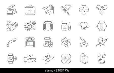 Illustration vectorielle de collection de symboles de contour de concept d'hôpital. Ensemble d'icônes de ligne Healthcare et Medical Illustration de Vecteur