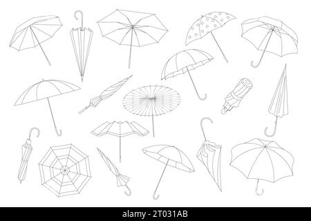 Parapluies icônes de ligne noire définir illustration vectorielle. Parasols ouverts et fermés de style Doodle avec la collection de poignées, esquisse simple d'accessoire de mode rétro pour protéger contre la pluie et les gouttes de pluie Illustration de Vecteur