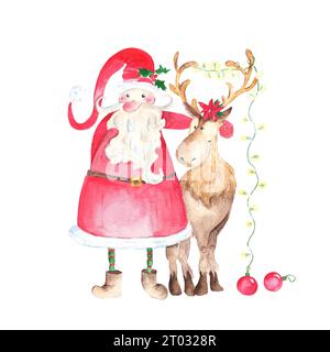 Père Noël avec un renne avec guirlande et boules du nouvel an. Illustration d'aquarelle dessinée à la main isolée sur fond blanc. Bon pour Noël Banque D'Images