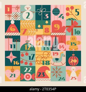 Calendrier de l'AVENT de Noël avec des éléments de dessin animé mignons, des nombres. Illustration vectorielle d'hiver mignonne pour la tradition drôle. Illustration de Vecteur