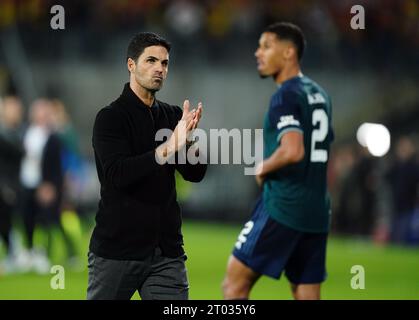 Mikel Arteta, Manager de l'arsenal, après le match du groupe B de l'UEFA Champions League au Stade Bollaert-Delelis, Lens. Date de la photo : mardi 3 octobre 2023. Banque D'Images