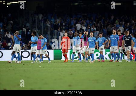 Naples, Italie. 03 octobre 2023. Rejet des joueurs de Napoli à la fin du match de football du Groupe C de la Ligue des Champions entre le SSC Napoli et le Real Madrid FC au stade Diego Armando Maradona à Naples (Italie), le 3 octobre 2023. Crédit : Insidefoto di andrea staccioli/Alamy Live News Banque D'Images