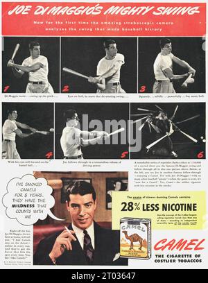 Publicité mettant en vedette le joueur de baseball Joe DiMaggio dans 1941 cigarettes Camel Banque D'Images