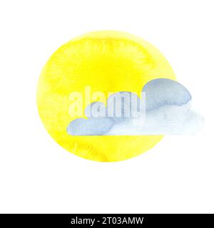 soleil et nuages peints à l'aquarelle, illustration isolée de phénomènes célestes Banque D'Images