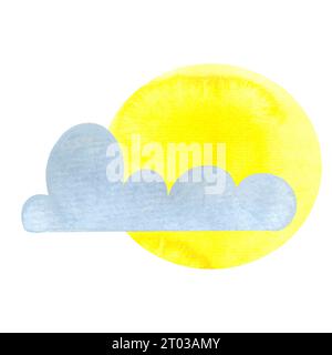 soleil et nuages peints à l'aquarelle, illustration isolée de phénomènes célestes Banque D'Images