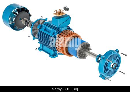 Pièces de moteur électrique industriel, section. Rendu 3D isolé sur fond blanc Banque D'Images