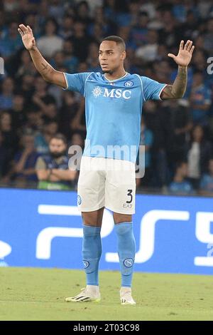 Naples, Italie. 03 octobre 2023. Natan de la SSC Napoli gesticule lors de la Ligue des champions de l'UEFA entre la SSC Napoli et le Real Madrid FC au Diego Armando Maradona Stadium Credit : Independent photo Agency/Alamy Live News Banque D'Images