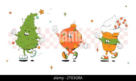 Personnages groovy de Noël. Boule d'arbre et tasse. Illustration de Vecteur
